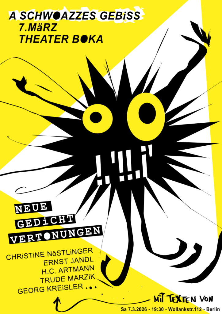 Flyer für das Konzert von A Schwoazzes Gebiss im Theater Boka am 7.März 2026